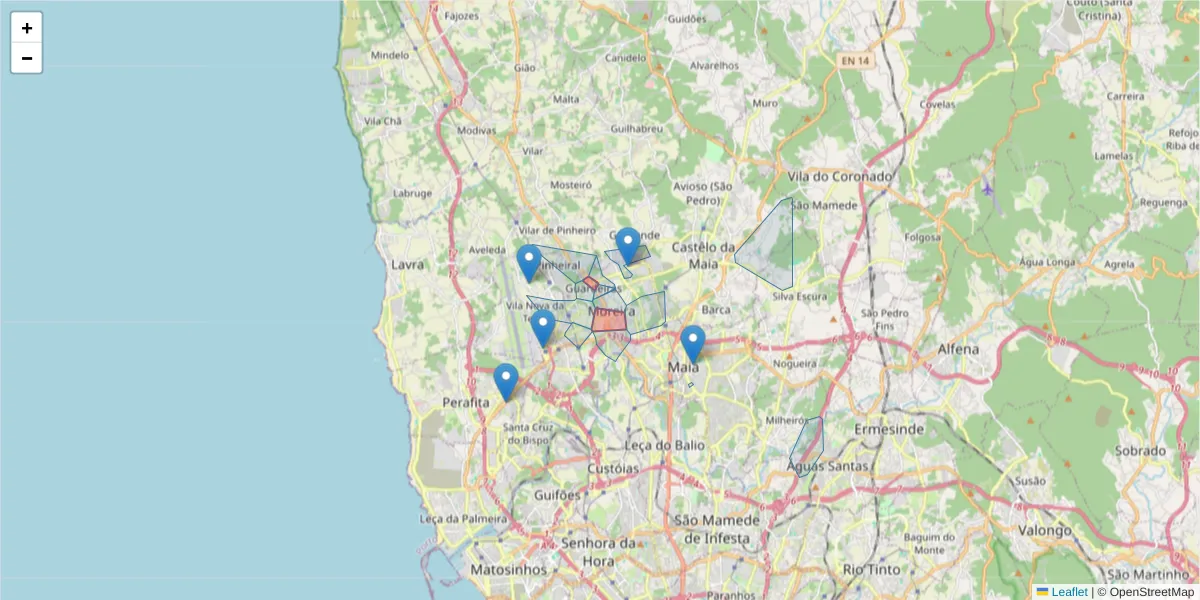 Mapa detalhado do código postal 4470-616 com limites, códigos postais vizinhos e agências dos correios