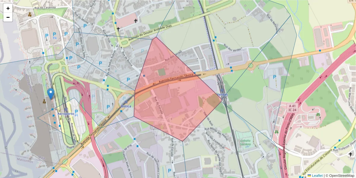 Mapa detalhado do código postal 4470-628 com limites, códigos postais vizinhos e agências dos correios
