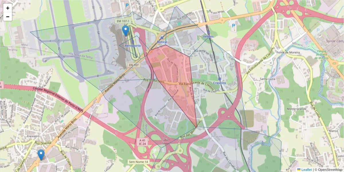 Mapa detalhado do código postal 4470-640 com limites, códigos postais vizinhos e agências dos correios