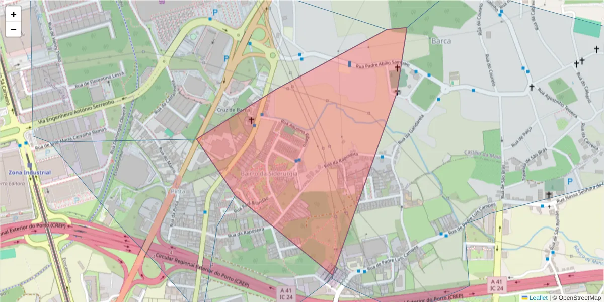Mapa detalhado do código postal 4475-039 com limites, códigos postais vizinhos e agências dos correios