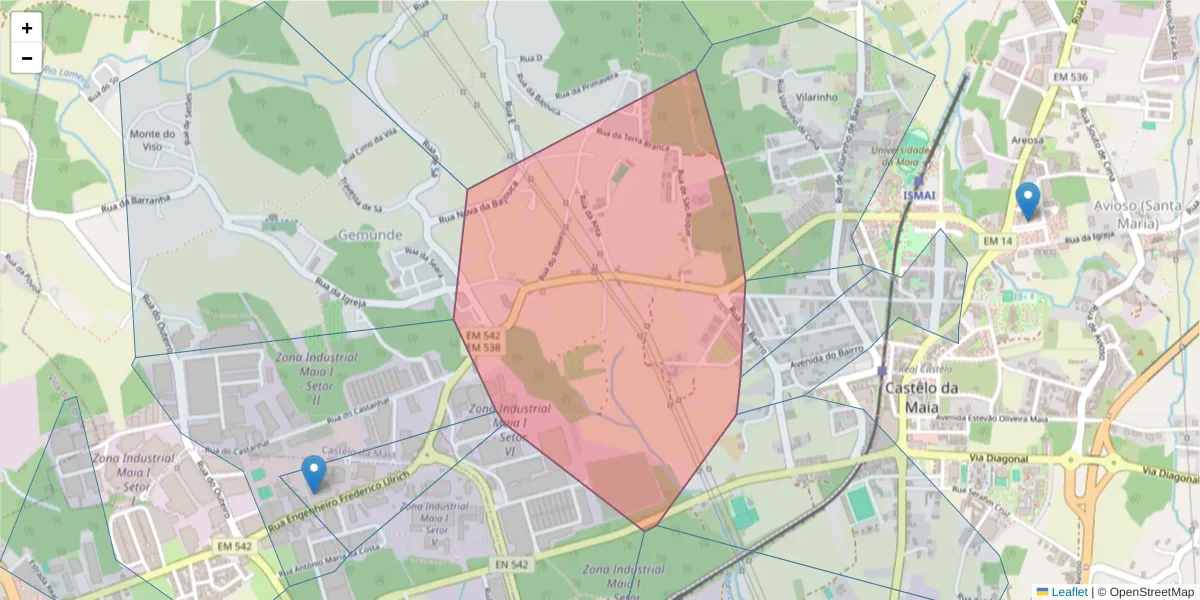 Mapa detalhado do código postal 4475-130 com limites, códigos postais vizinhos e agências dos correios