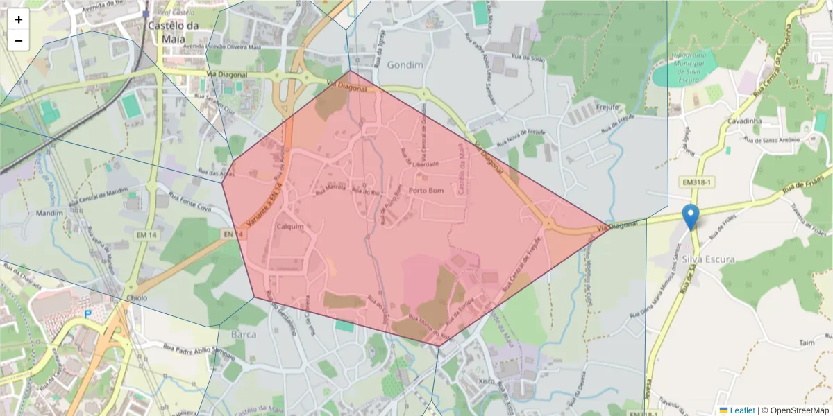 Mapa detalhado do código postal 4475-229 com limites, códigos postais vizinhos e agências dos correios