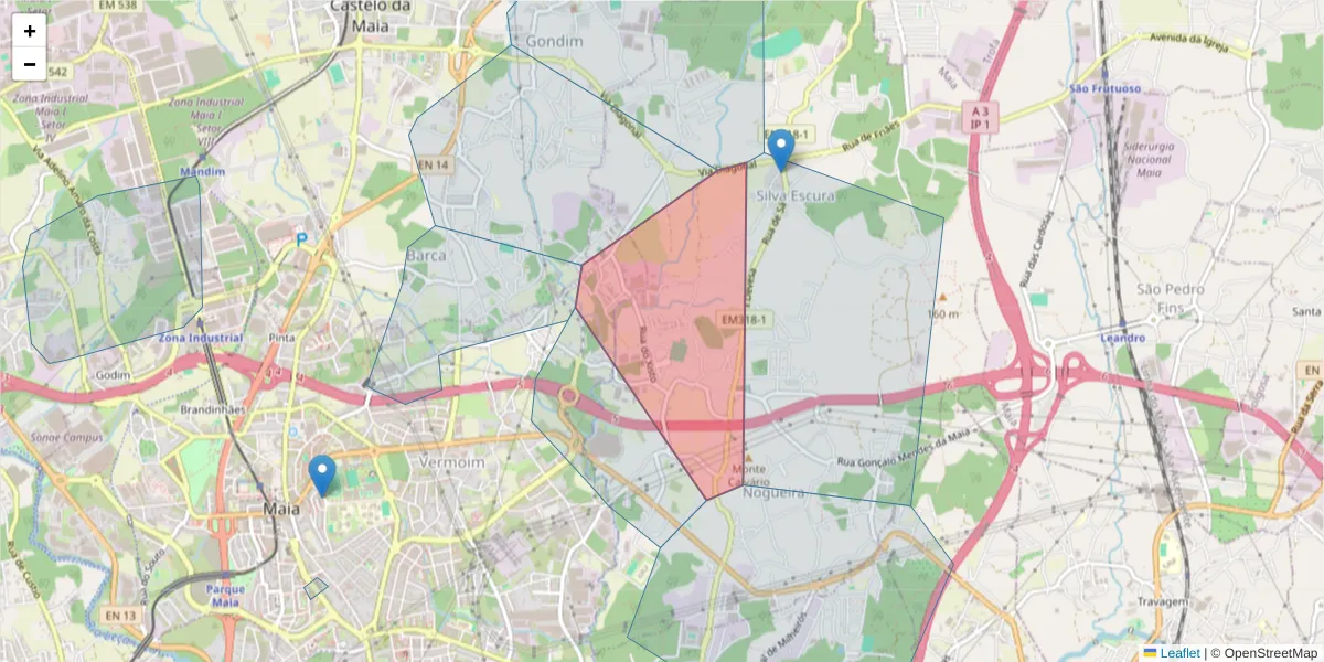 Mapa detalhado do código postal 4475-456 com limites, códigos postais vizinhos e agências dos correios