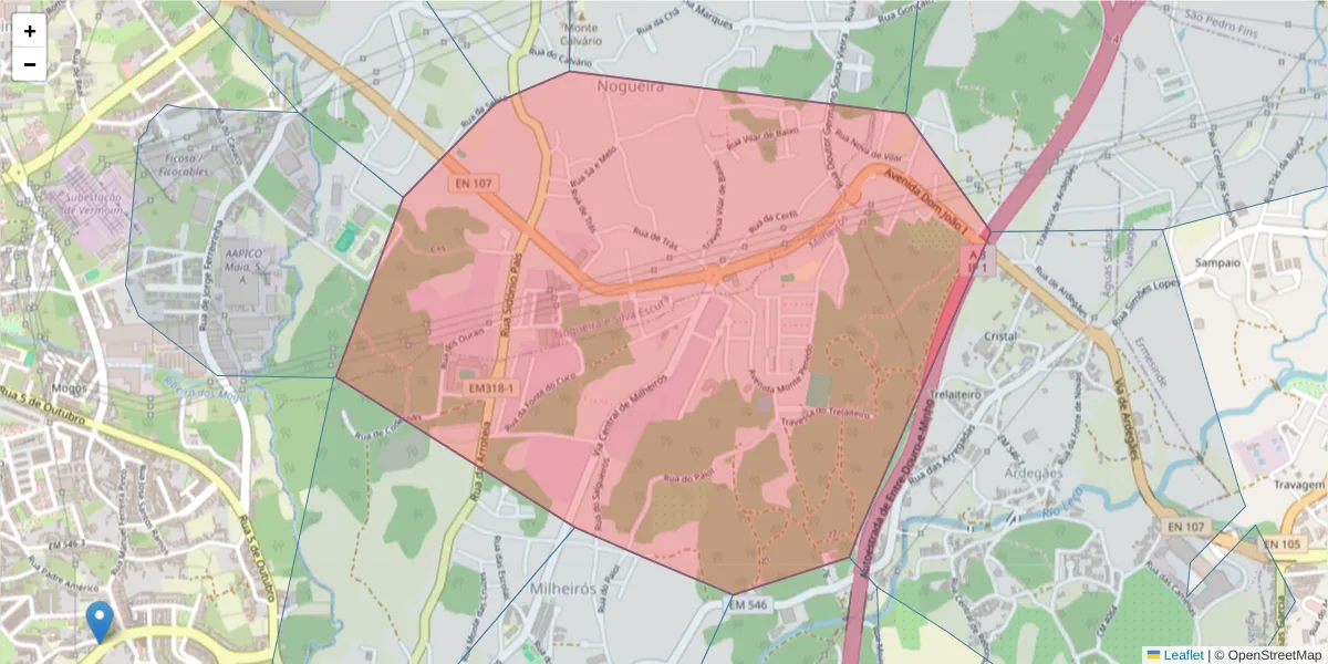 Mapa detalhado do código postal 4475-493 com limites, códigos postais vizinhos e agências dos correios
