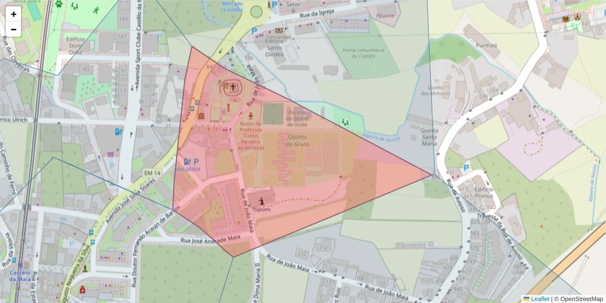 Mapa detalhado do código postal 4475-601 com limites, códigos postais vizinhos e agências dos correios