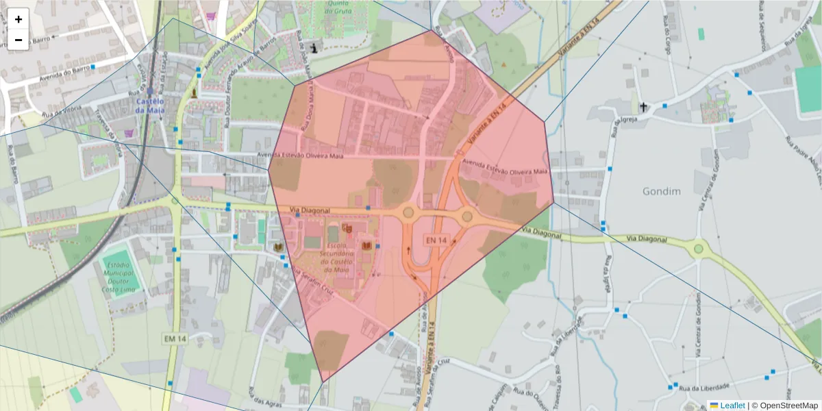 Mapa detalhado do código postal 4475-632 com limites, códigos postais vizinhos e agências dos correios