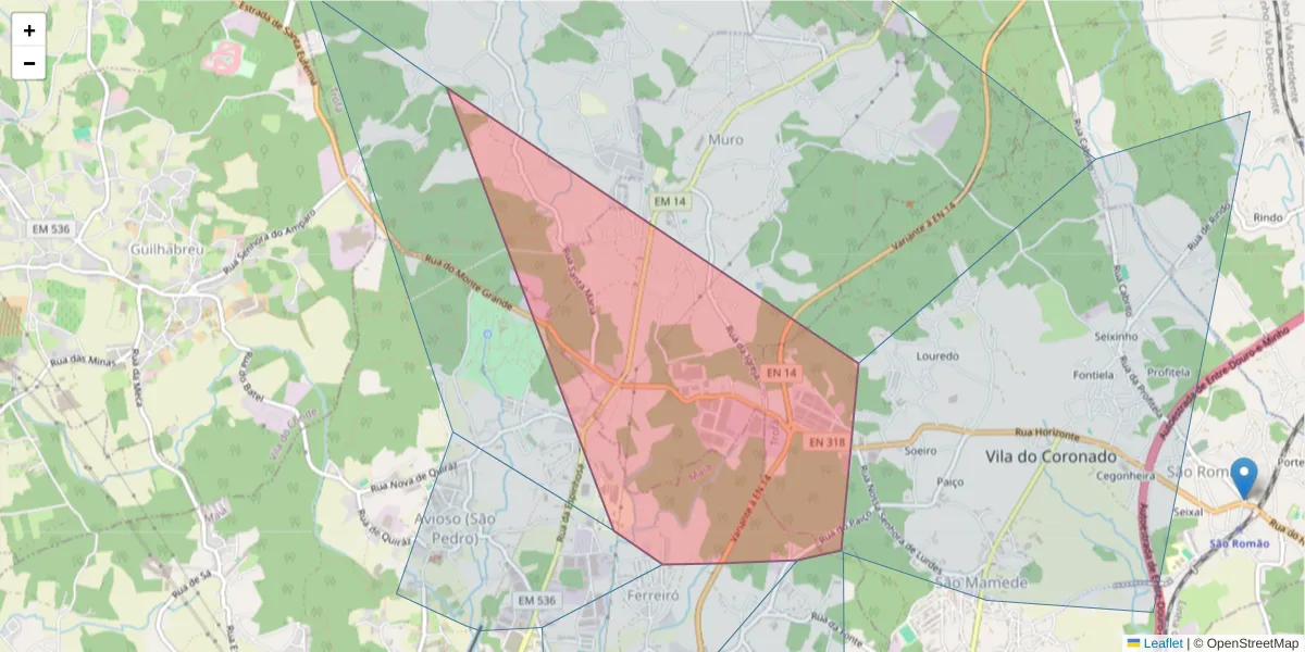Mapa detalhado do código postal 4475-684 com limites, códigos postais vizinhos e agências dos correios