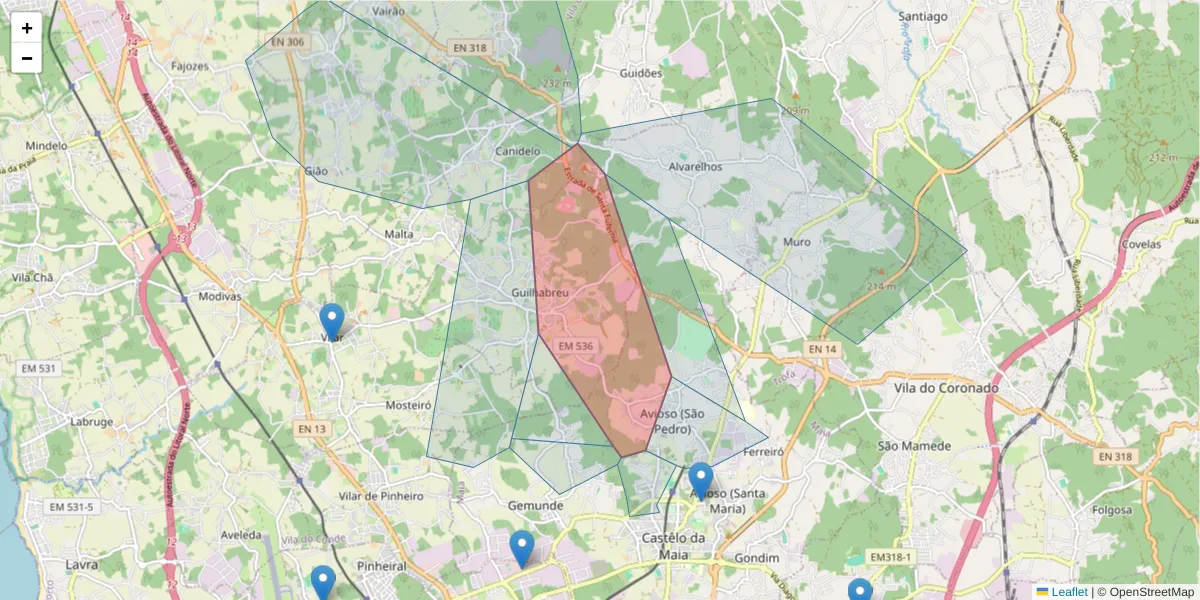 Mapa detalhado do código postal 4475-724 com limites, códigos postais vizinhos e agências dos correios