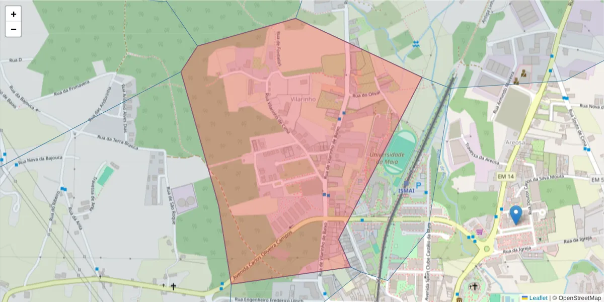 Mapa detalhado do código postal 4475-730 com limites, códigos postais vizinhos e agências dos correios