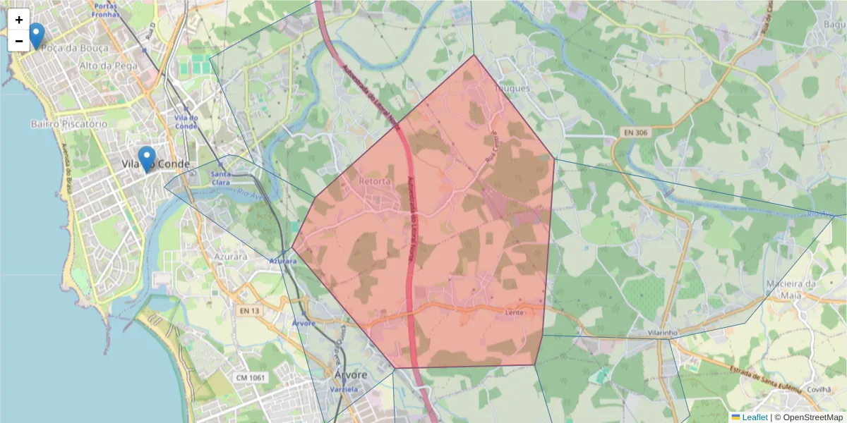 Mapa detalhado do código postal 4480-105 com limites, códigos postais vizinhos e agências dos correios