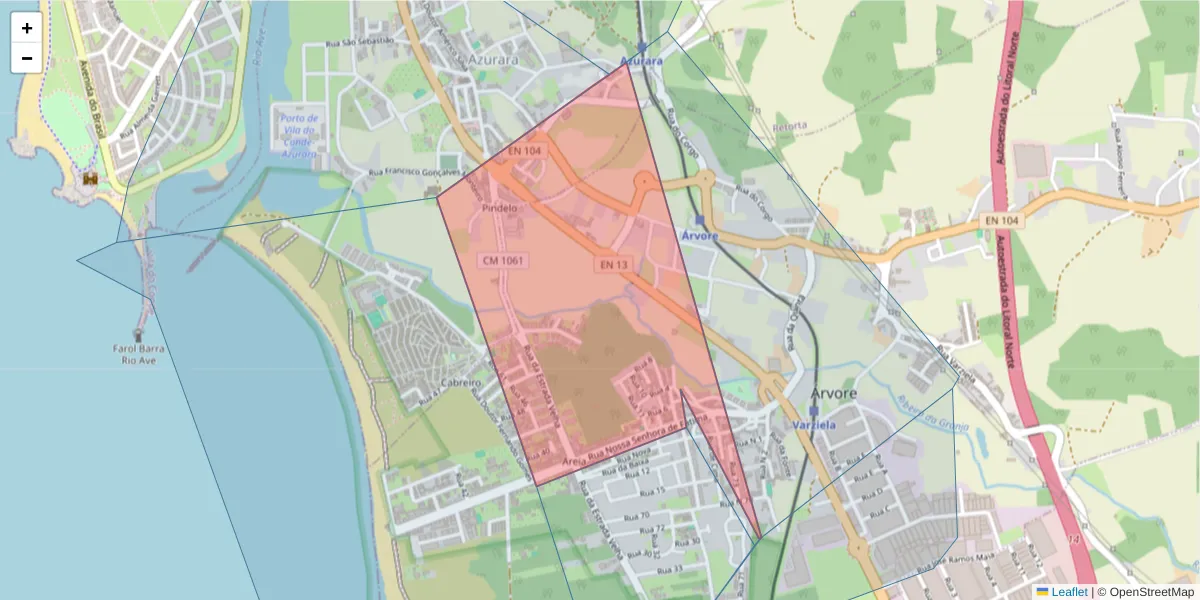 Mapa detalhado do código postal 4480-125 com limites, códigos postais vizinhos e agências dos correios