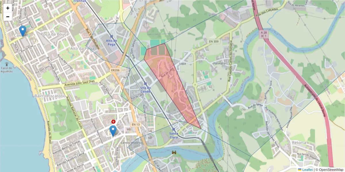 Mapa detalhado do código postal 4480-250 com limites, códigos postais vizinhos e agências dos correios