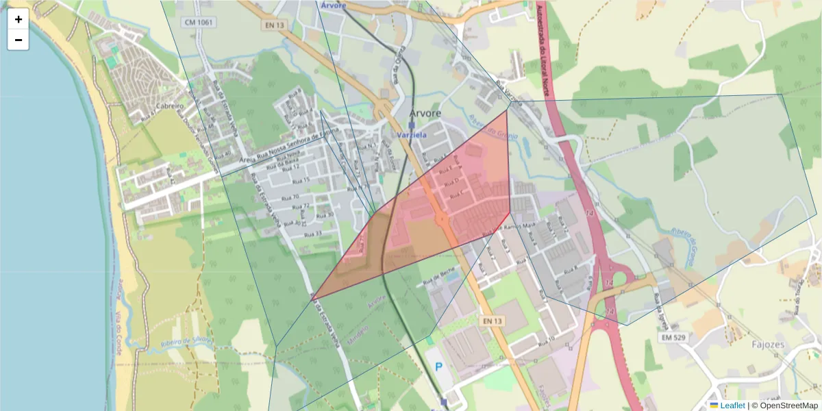 Mapa detalhado do código postal 4480-628 com limites, códigos postais vizinhos e agências dos correios