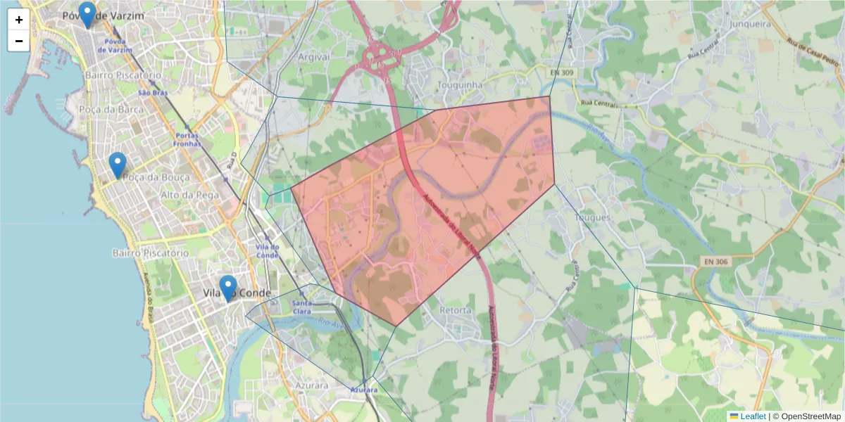 Mapa detalhado do código postal 4480-757 com limites, códigos postais vizinhos e agências dos correios
