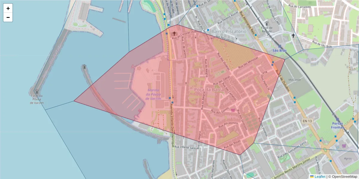 Mapa detalhado do código postal 4480-765 com limites, códigos postais vizinhos e agências dos correios