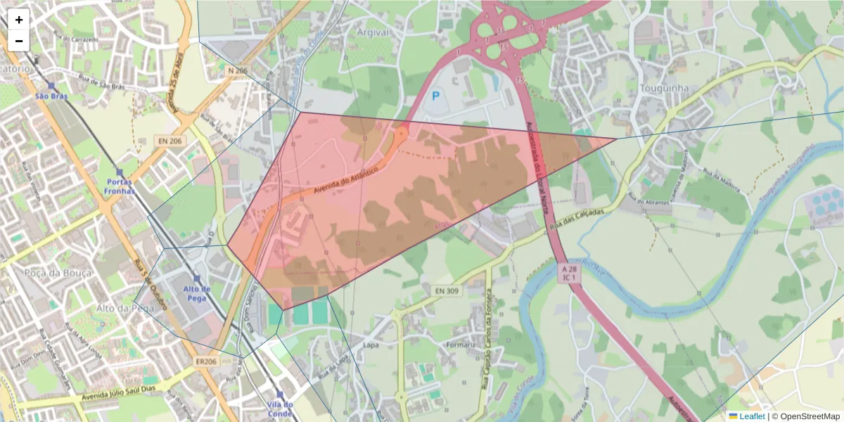 Mapa detalhado do código postal 4480-876 com limites, códigos postais vizinhos e agências dos correios