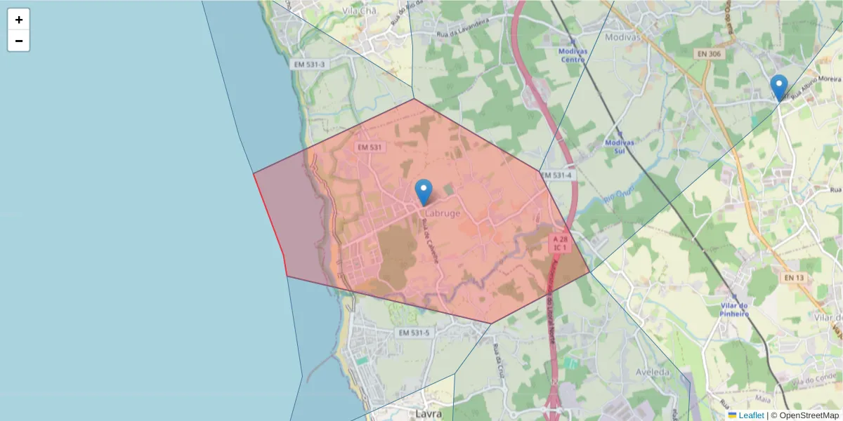 Mapa detalhado do código postal 4485-301 com limites, códigos postais vizinhos e agências dos correios