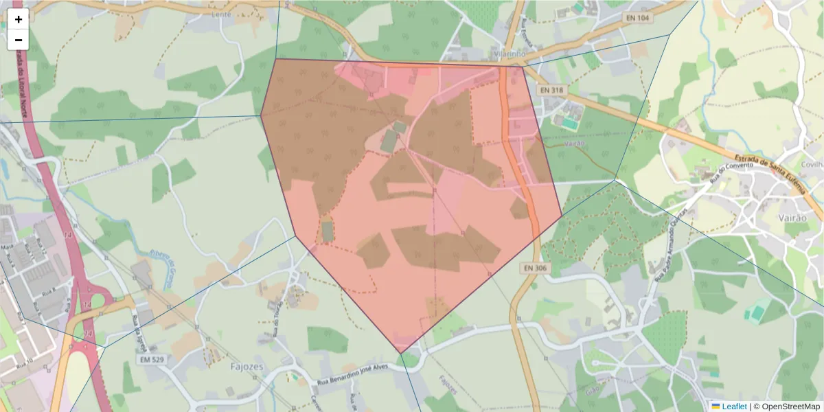 Mapa detalhado do código postal 4485-399 com limites, códigos postais vizinhos e agências dos correios