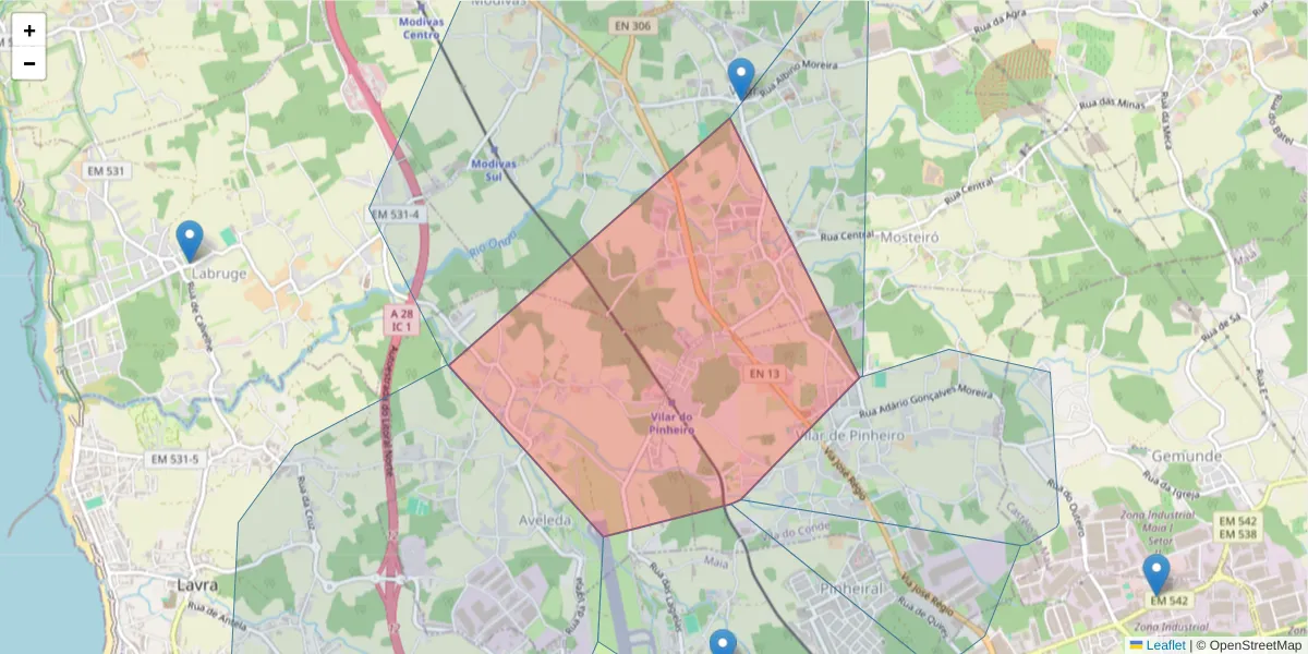 Mapa detalhado do código postal 4485-924 com limites, códigos postais vizinhos e agências dos correios
