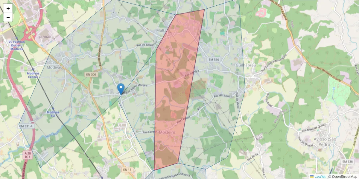 Mapa detalhado do código postal 4485 com limites, códigos postais vizinhos e agências dos correios