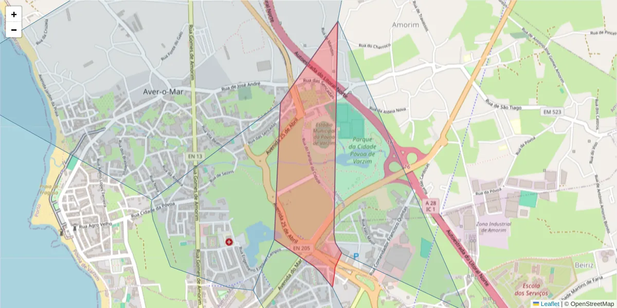 Mapa detalhado do código postal 4490-004 com limites, códigos postais vizinhos e agências dos correios