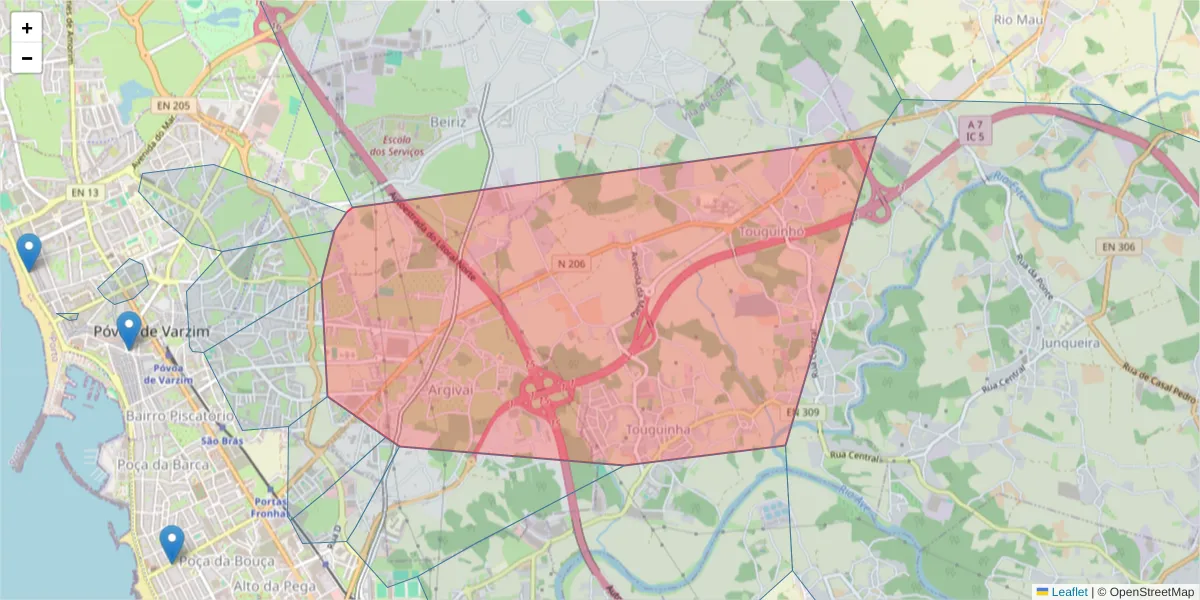 Mapa detalhado do código postal 4490-224 com limites, códigos postais vizinhos e agências dos correios