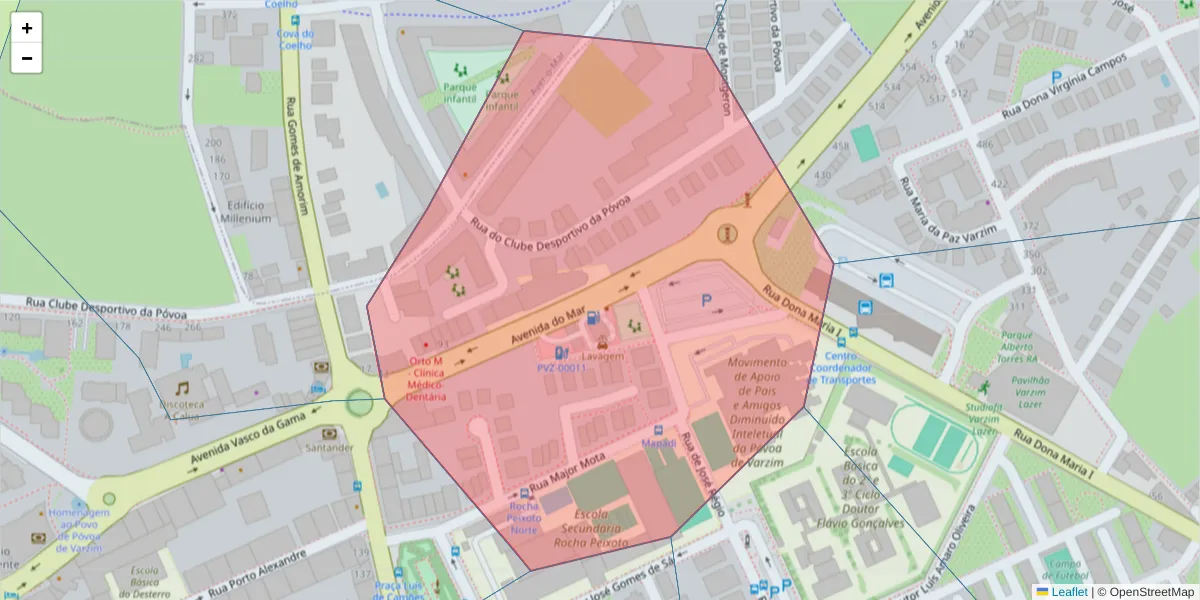Mapa detalhado do código postal 4490-406 com limites, códigos postais vizinhos e agências dos correios