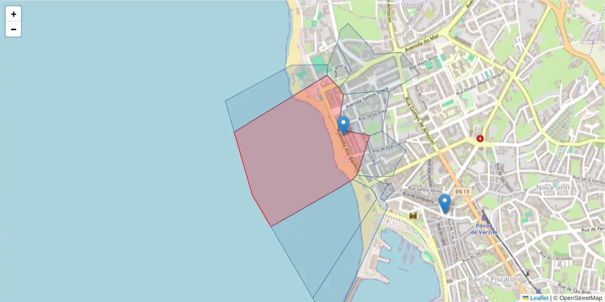 Mapa detalhado do código postal 4490-407 com limites, códigos postais vizinhos e agências dos correios