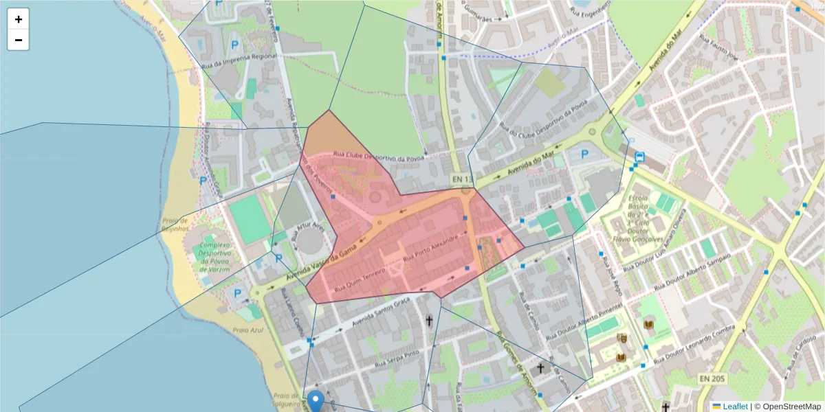 Mapa detalhado do código postal 4490-410 com limites, códigos postais vizinhos e agências dos correios