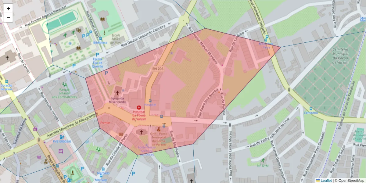 Mapa detalhado do código postal 4490-421 com limites, códigos postais vizinhos e agências dos correios