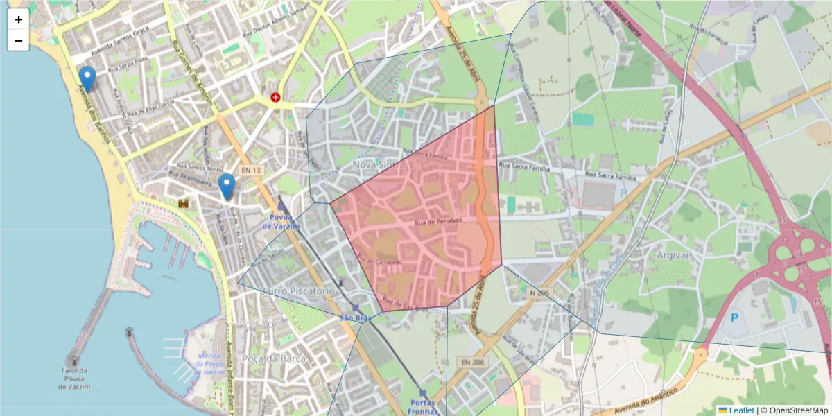 Mapa detalhado do código postal 4490-487 com limites, códigos postais vizinhos e agências dos correios