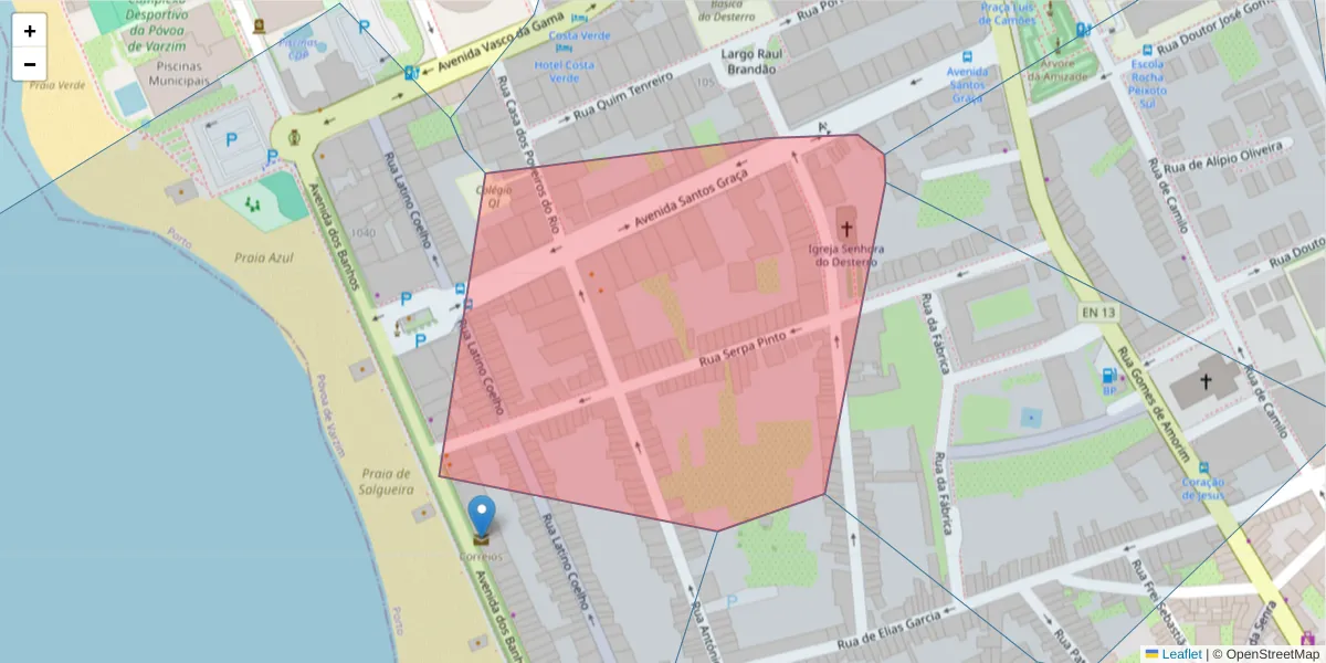 Mapa detalhado do código postal 4490-499 com limites, códigos postais vizinhos e agências dos correios