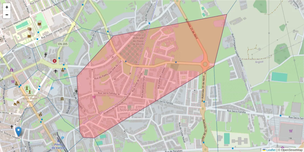 Mapa detalhado do código postal 4490-580 com limites, códigos postais vizinhos e agências dos correios