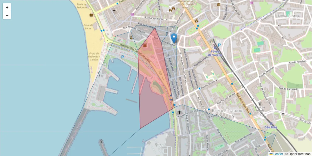 Mapa detalhado do código postal 4490-586 com limites, códigos postais vizinhos e agências dos correios