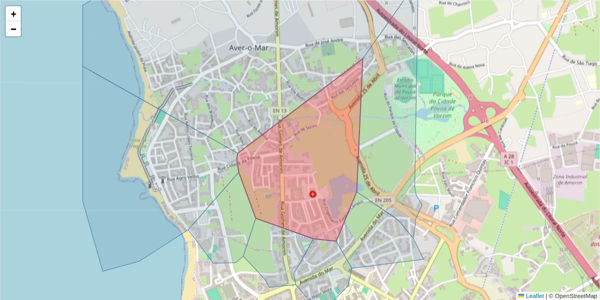 Mapa detalhado do código postal 4490-592 com limites, códigos postais vizinhos e agências dos correios