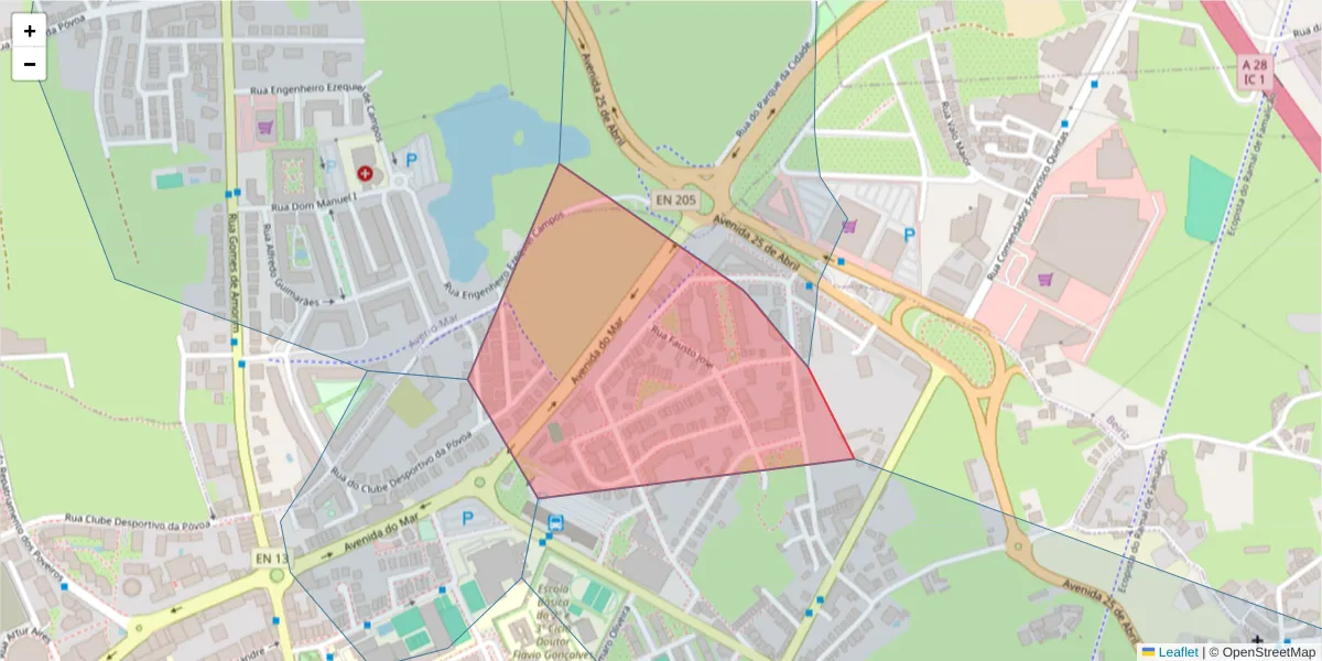 Mapa detalhado do código postal 4490-634 com limites, códigos postais vizinhos e agências dos correios