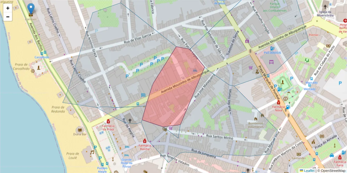 Mapa detalhado do código postal 4490-647 com limites, códigos postais vizinhos e agências dos correios
