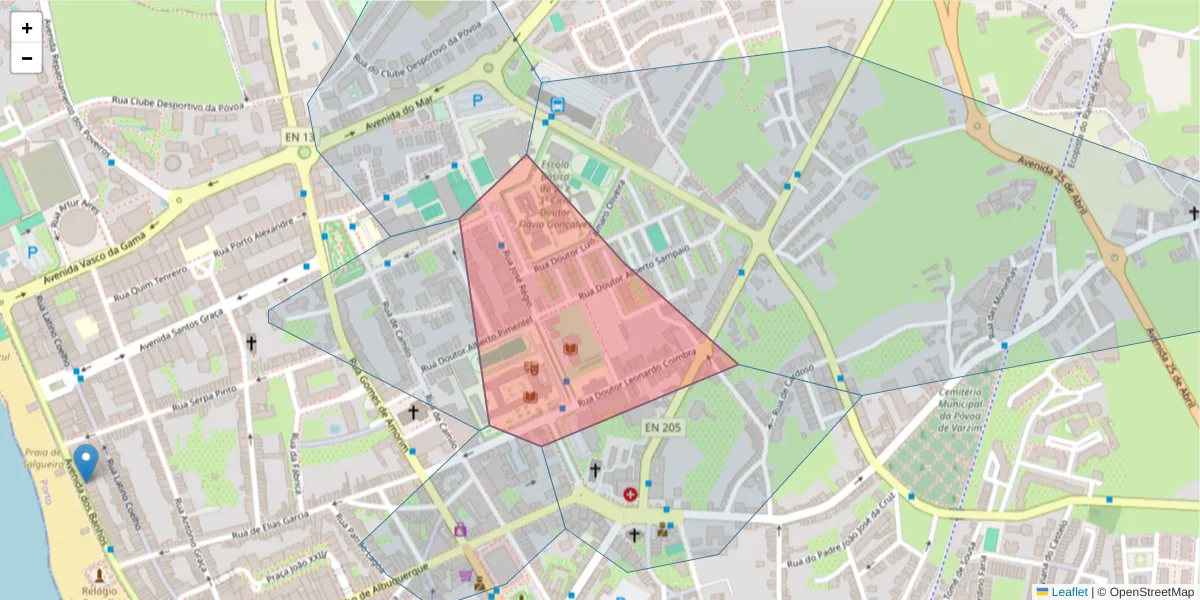 Mapa detalhado do código postal 4490-664 com limites, códigos postais vizinhos e agências dos correios