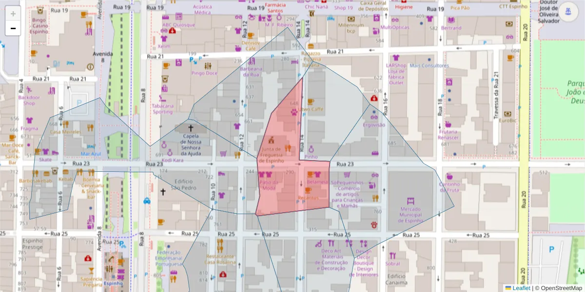 Mapa detalhado do código postal 4500-142 com limites, códigos postais vizinhos e agências dos correios