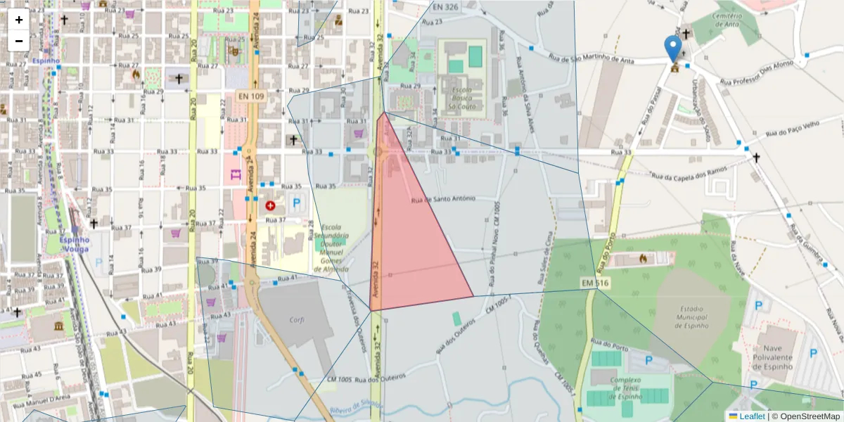 Mapa detalhado do código postal 4500-192 com limites, códigos postais vizinhos e agências dos correios