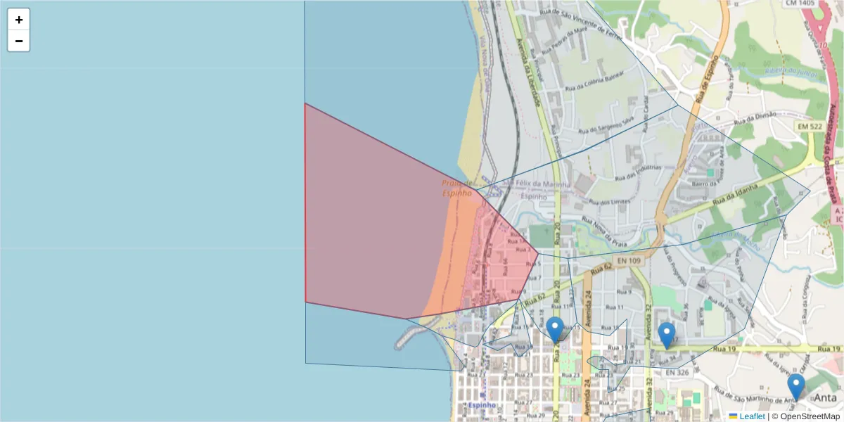 Mapa detalhado do código postal 4500-198 com limites, códigos postais vizinhos e agências dos correios
