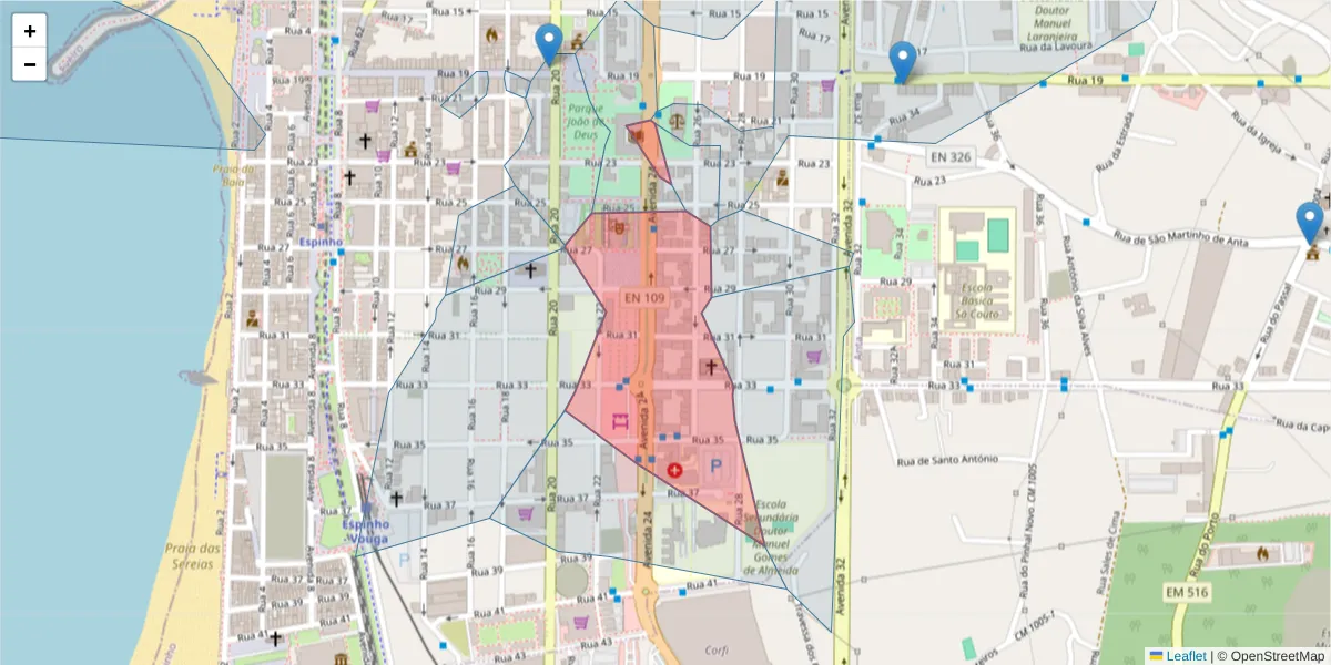 Mapa detalhado do código postal 4500-201 com limites, códigos postais vizinhos e agências dos correios