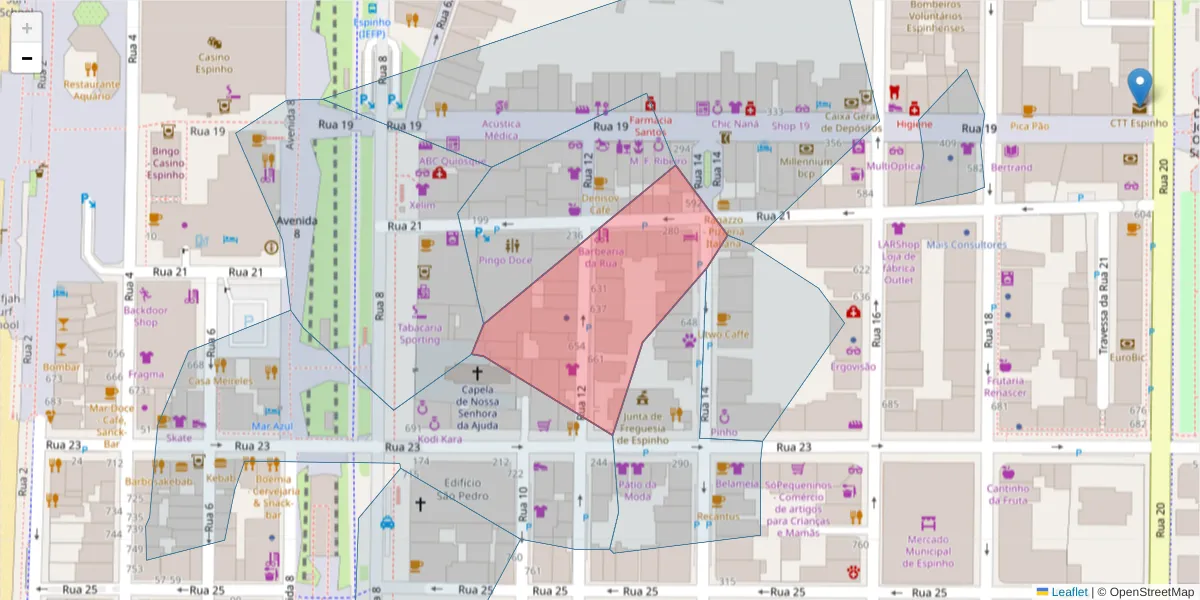 Mapa detalhado do código postal 4500-228 com limites, códigos postais vizinhos e agências dos correios