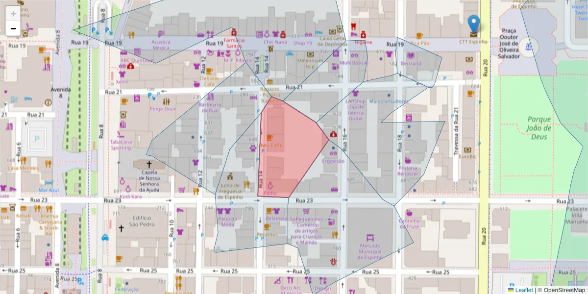 Mapa detalhado do código postal 4500-233 com limites, códigos postais vizinhos e agências dos correios