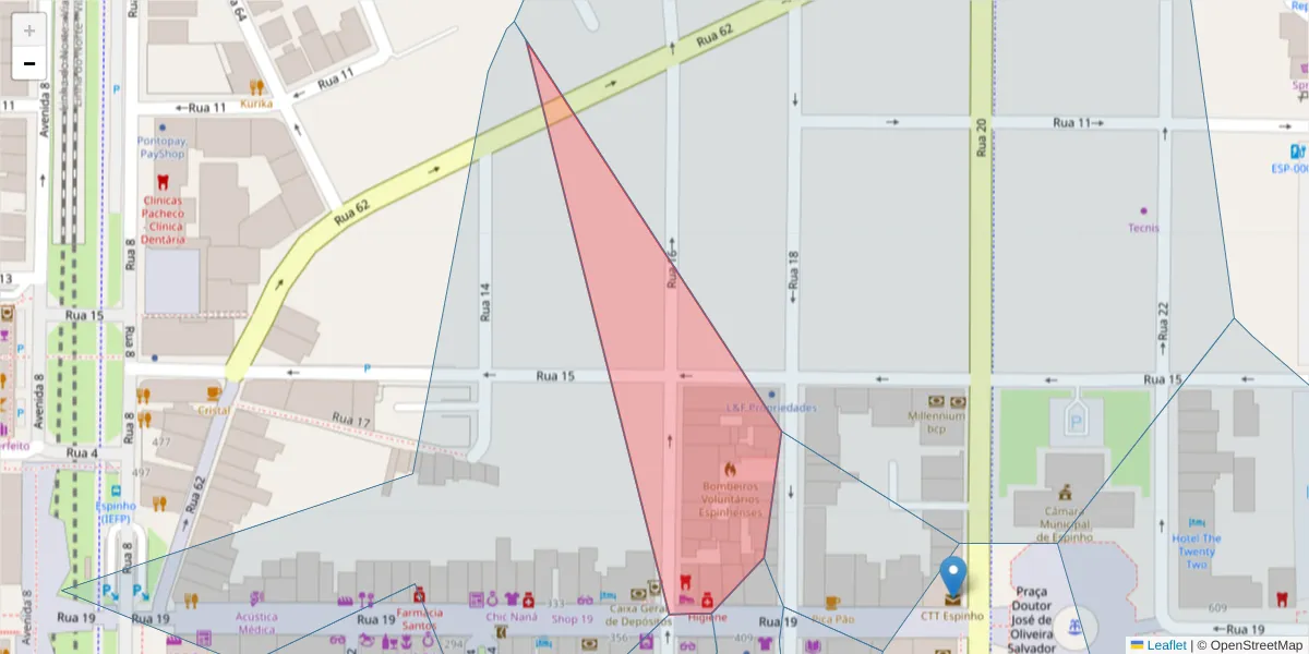 Mapa detalhado do código postal 4500-241 com limites, códigos postais vizinhos e agências dos correios