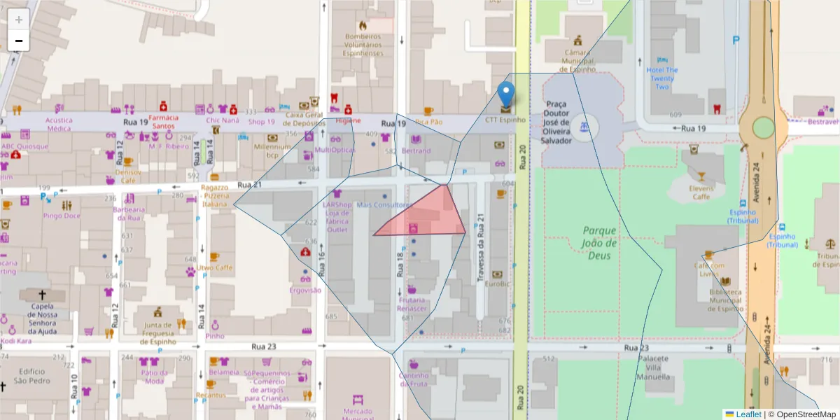 Mapa detalhado do código postal 4500-246 com limites, códigos postais vizinhos e agências dos correios