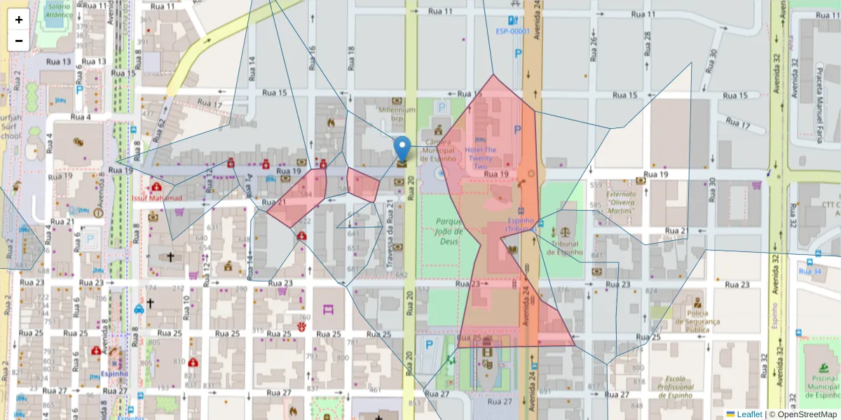 Mapa detalhado do código postal 4500-255 com limites, códigos postais vizinhos e agências dos correios
