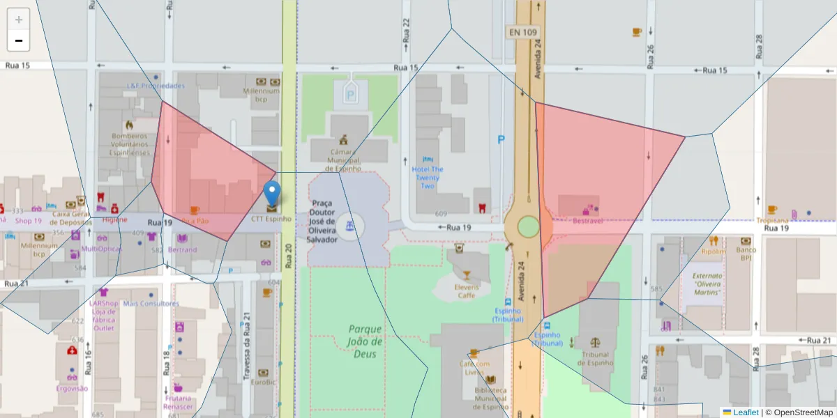 Mapa detalhado do código postal 4500-257 com limites, códigos postais vizinhos e agências dos correios