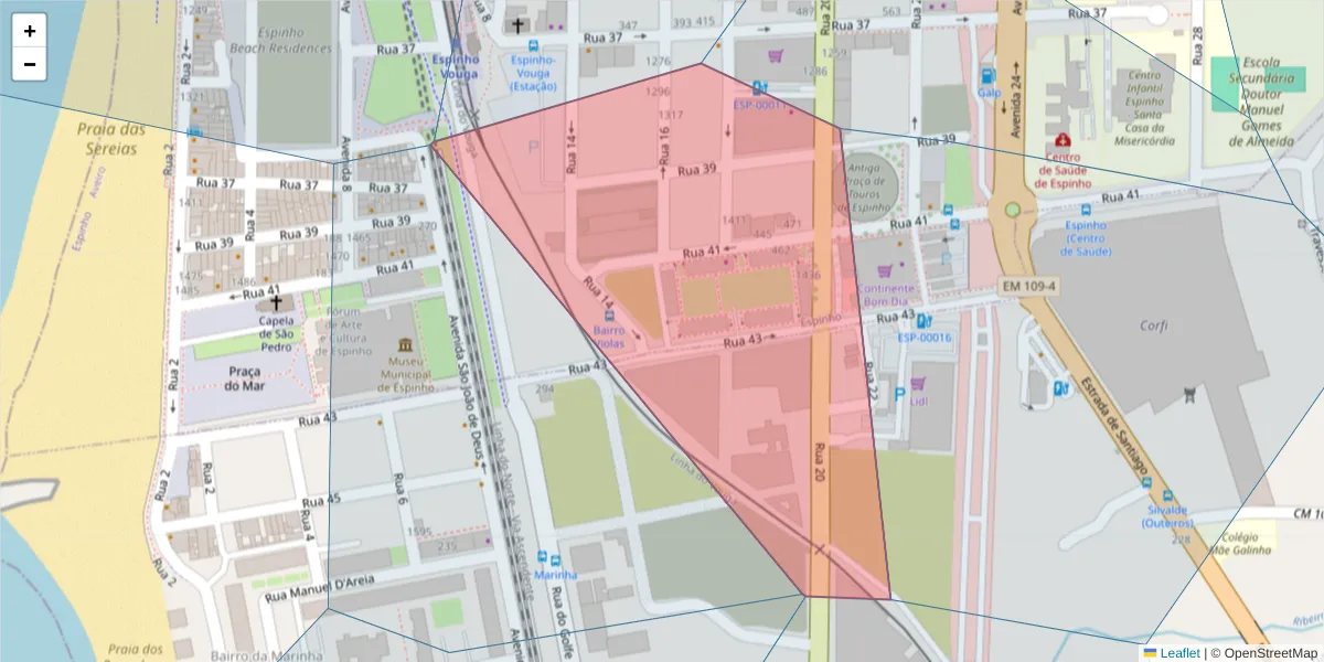 Mapa detalhado do código postal 4500-263 com limites, códigos postais vizinhos e agências dos correios