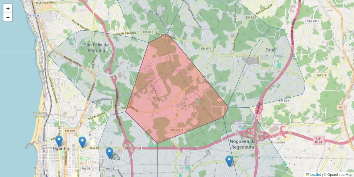 Mapa detalhado do código postal 4500-411 com limites, códigos postais vizinhos e agências dos correios